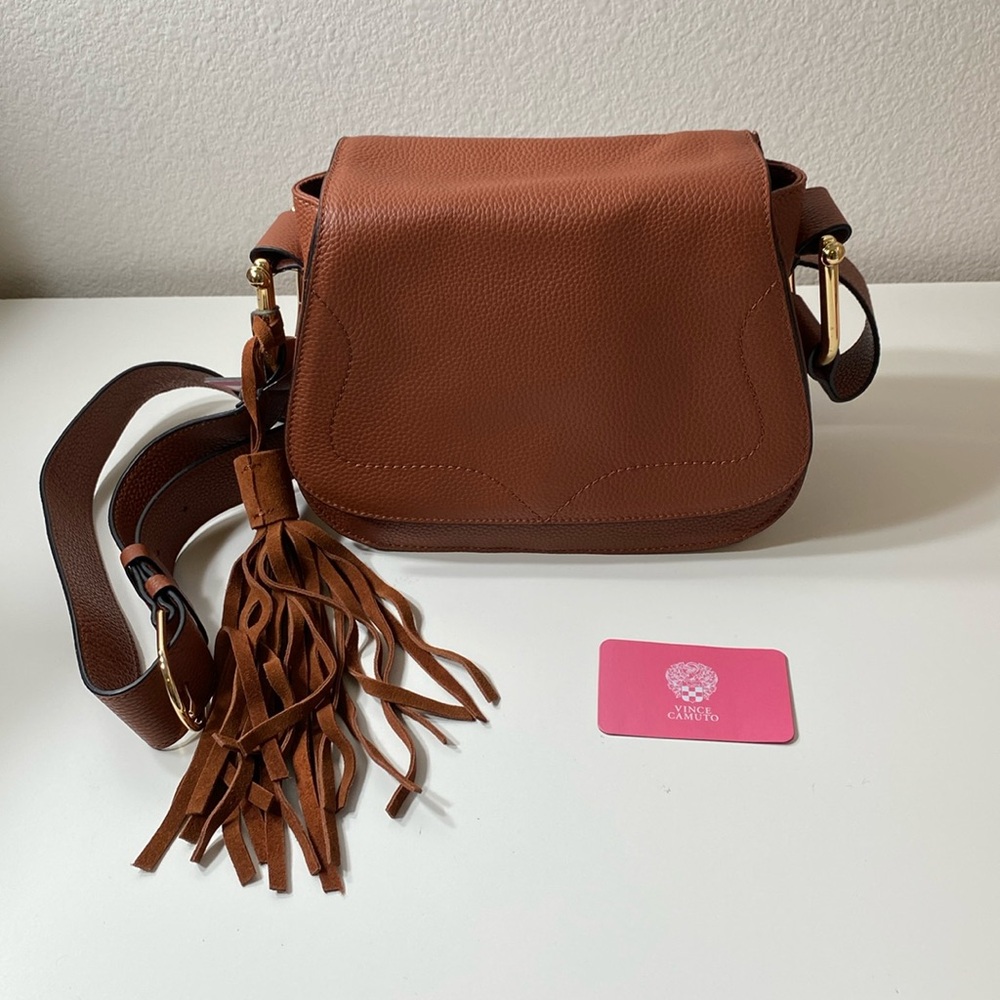 Vince Camuto Tal leather flap saddle crossbody bag in color pine cone